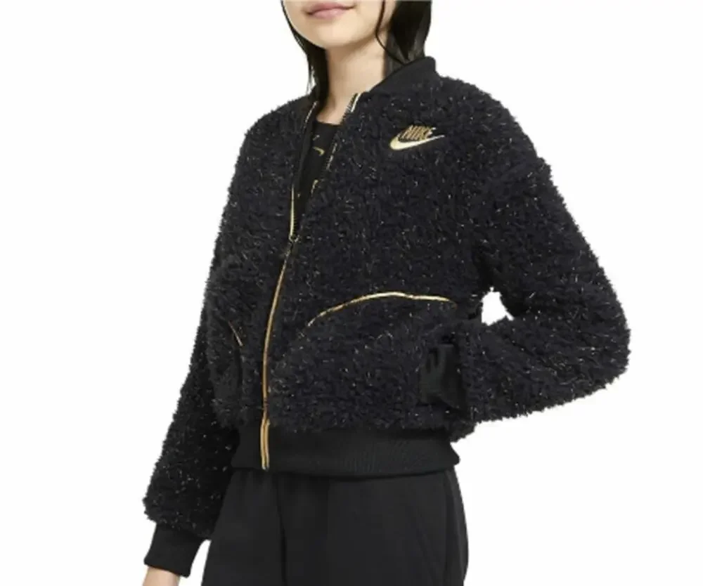 Nike Kids' Teddy Fleece Shine Bomber Jacket Black Gold Metallic Large